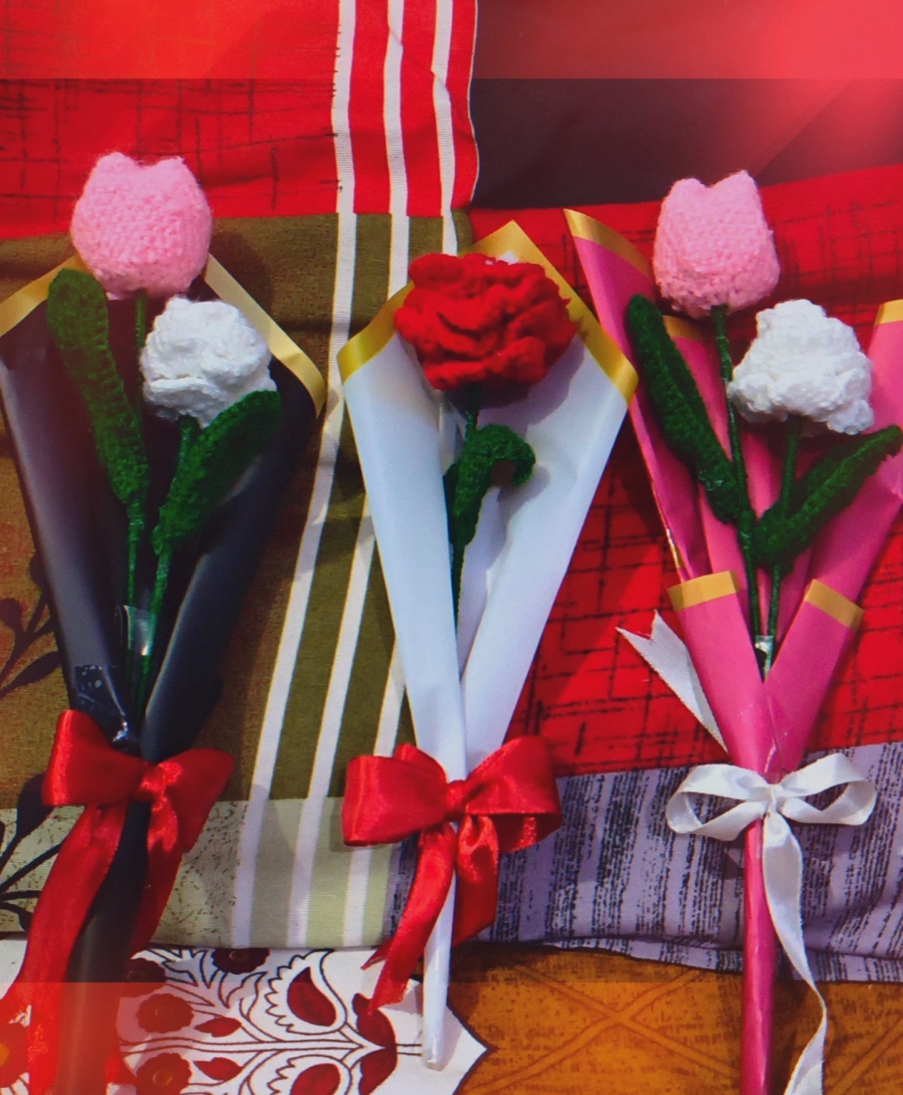 Handmade trio bouquet collection featuring red rose, white blossom, and pink tulip