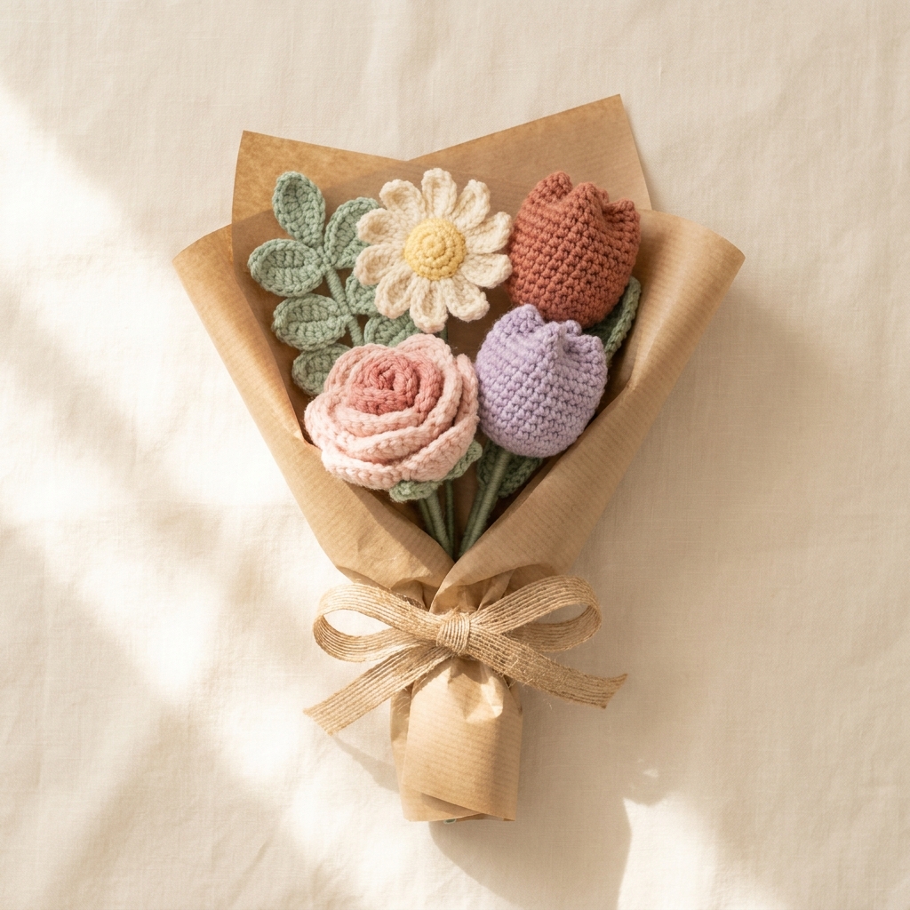 Handcrafted crochet bouquet by Maa's Magic Crochet featuring blooming rose, daisy, and tulip