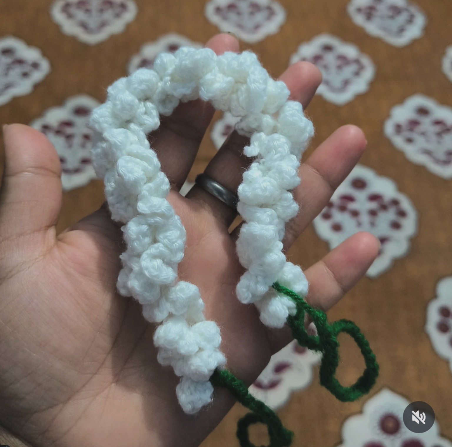 Handmade crochet floral gajra reusable hair accessory with green tie cords